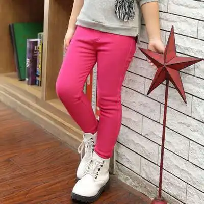 Зимние леггинсы для девочек; коллекция года; зимние детские бархатные брюки; плотные теплые длинные брюки для детей; узкие брюки-карандаш для малышей - Цвет: Розово-красный