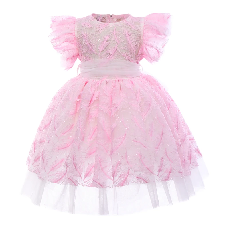 Элегантное платье принцессы для девочек на свадьбу, платья подружек невесты для девочек, для детей, симпатичный стиль, рукава-крылышки, без рукавов, с перьями вечернее платье с блестками, платье