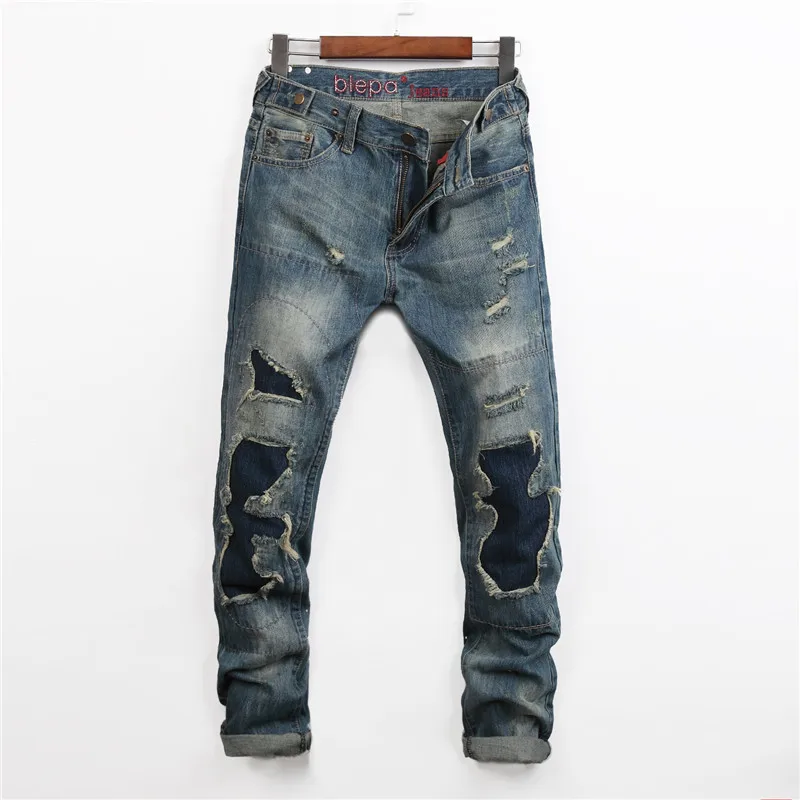 

Popular Hole Worn Ripped Jeans Homme Retro Plus Size Straight Leg Patch Skinny Jeans Men Full Length Brand Designed Denim Pants