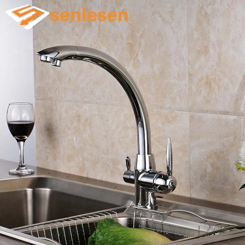 

Polished Chrome Kitchen Mixer Faucet with Hot Cold Water Taps Two Handles One Hole
