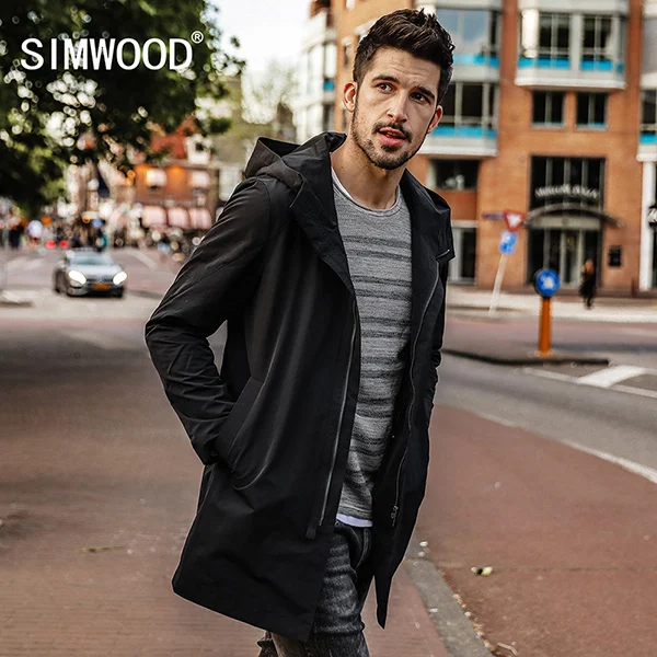 Мужская длинная куртка SIMWOOD, демисезонное приталенное пальто,, повседневная верхняя одежда батальных размеров, JK017012 - Цвет: black