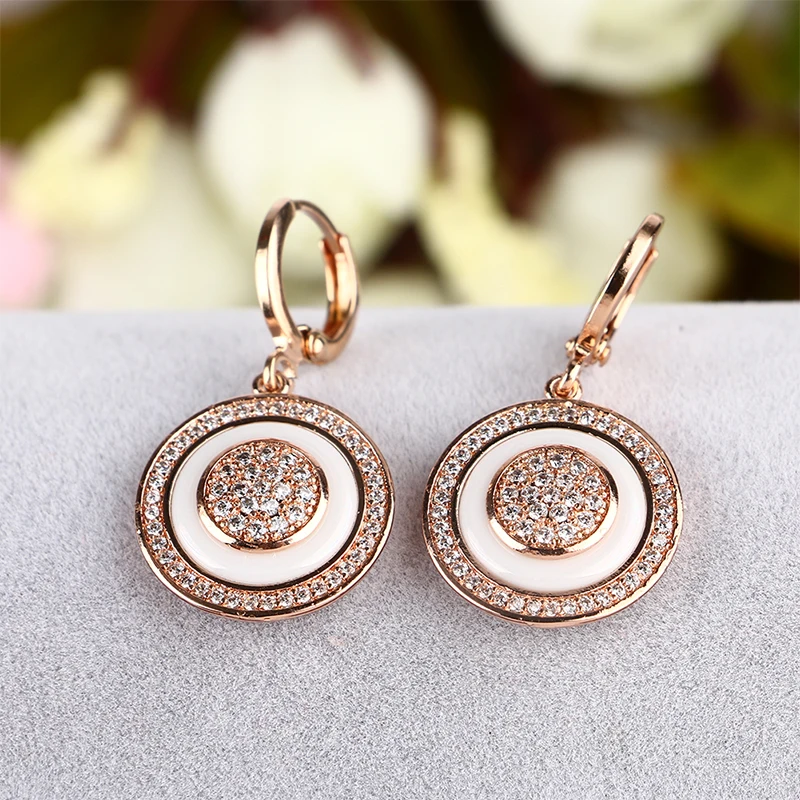 585 розовое золото белый керамический комплект круглых ювелирных украшений для женщин элегантные хрустальные висячие серьги круглые стразы модное ожерелье с подвесками