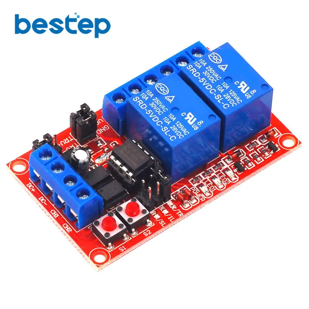 

5V 2 Channel Button Self-locking Interlock Three-selection One Relay Module High-low Level Trigger with Switch Light