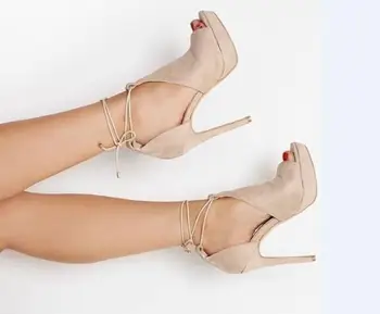 

2017 Summer platform pumps sexy high heel cross-tied super high thin heels peep toe ankle strap women casual&party beige shoes