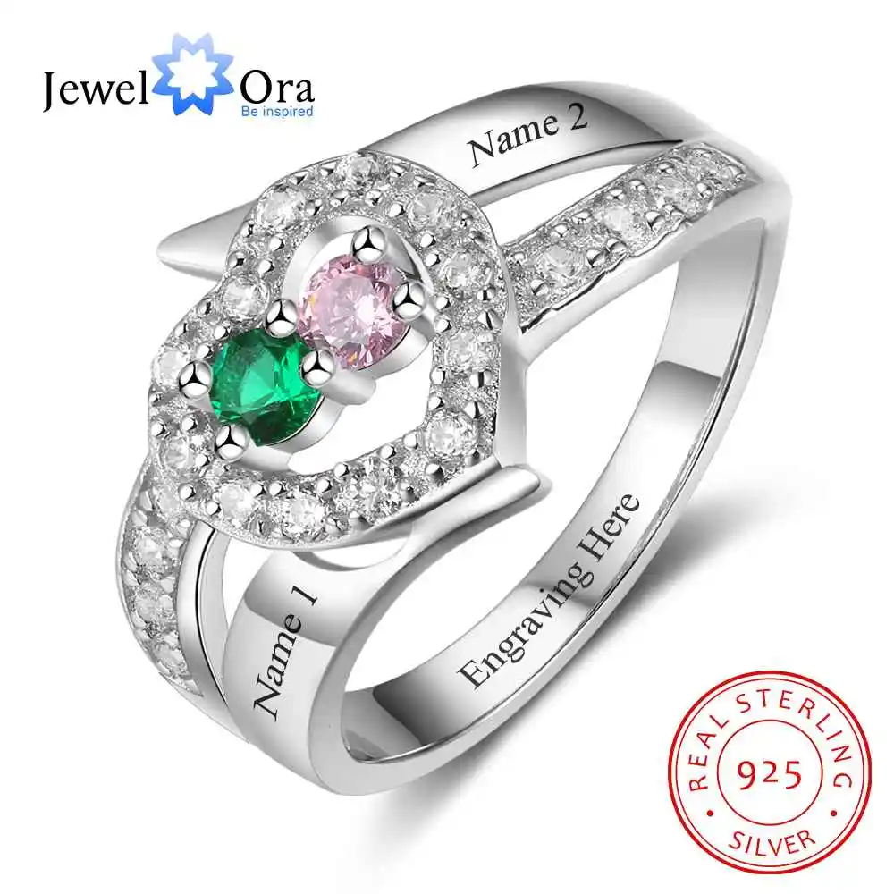 Personalized Gift Birthstone Custom Engrave 2 Names Promise Ring 925 Sterling Silver Anniversary Jewelry (JewelOra RI103271)