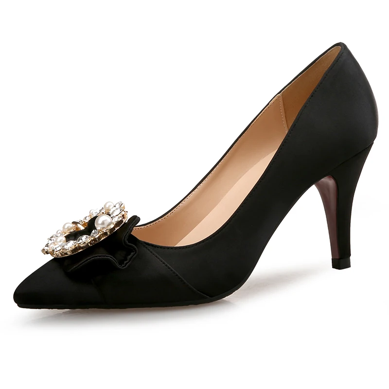 Женские модные туфли на высоком каблуке, стразы, жемчужные туфли-лодочки, шелковые туфли на каблуке, женские туфли с острым носком, Нескользящие, брендовые, размера плюс - Цвет: Black Shoes