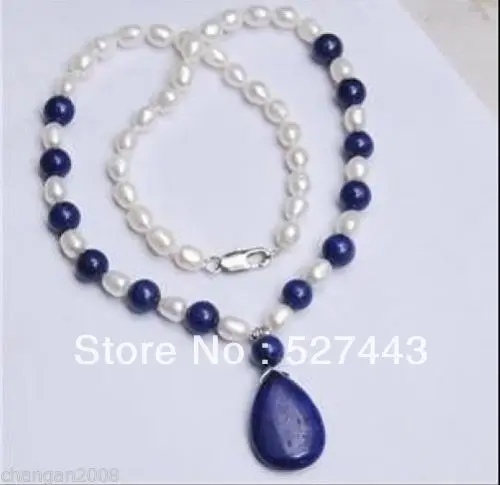 

Wholesale free shipping >>Natural 7-8MM White Akoya Pearl / Lapis Lazuli Pendant Necklace 18"