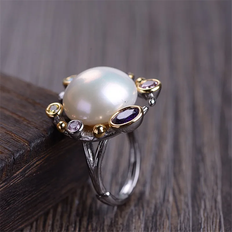 V. YA кольца с натуральным пресноводным жемчугом и цирконием 925 пробы Серебряное кольцо для женщин женские винтажные ювелирные изделия