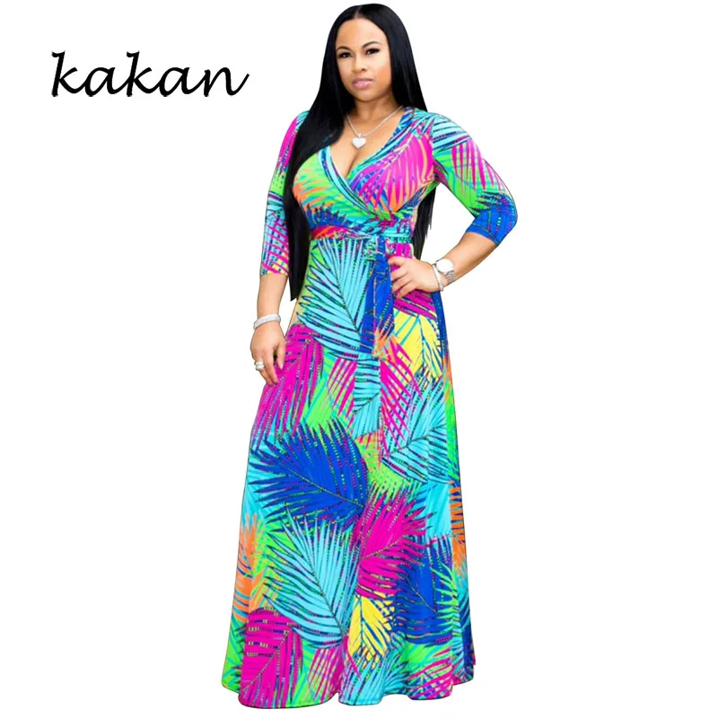 

Kakan sexy fashion digital print dress 2019 autumn new women's V-neck fat mother large size dress L-5XL