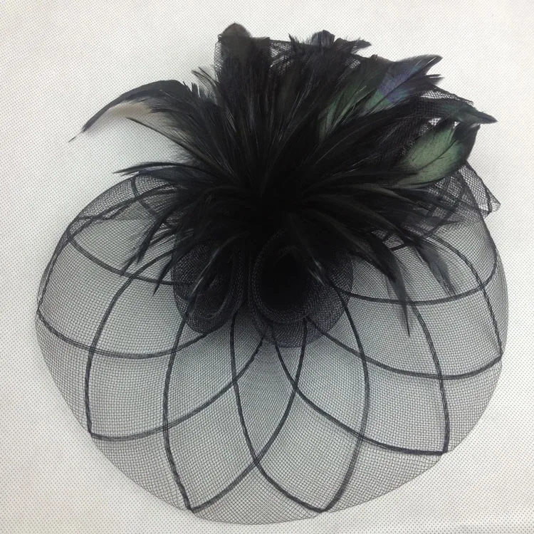 باريس usa رواج الريشة صافي غزل حزب قبعات قبعة مرحلة ريشة fascinator دبوس الشعر كليب الأسود ل سباق الخيل الكنيسة