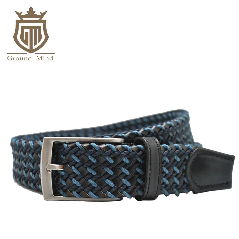 Fashion braided thick men belts hand knitted cowhide leather and cotton
