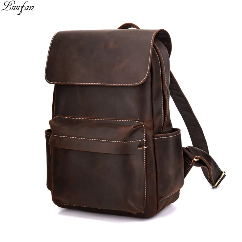 

Vintage Crazy horse leather Men Backpack Brown genuine cowhide leather women rucksack daypack 14" laptop bags travel bag for man