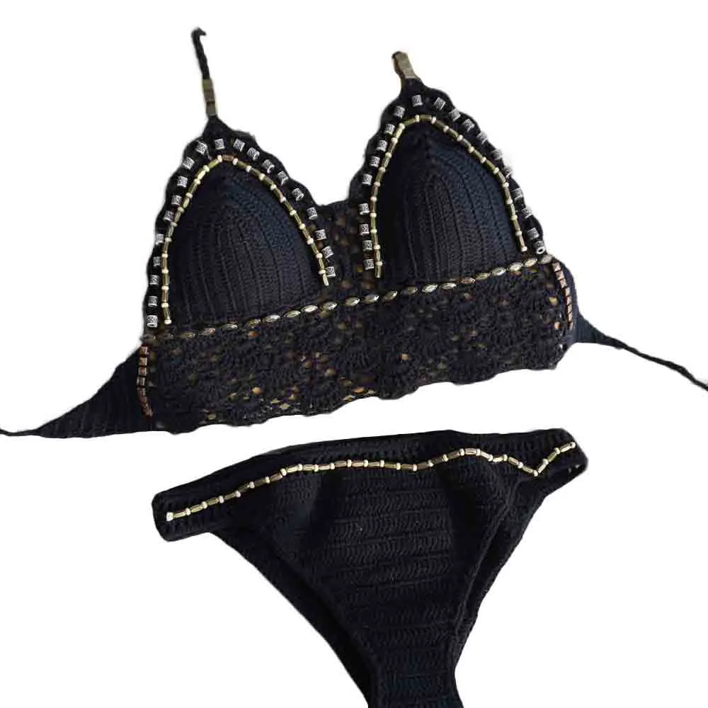 

Handmade Knitted Swimsuit black Women Female Split Bikini Swimwear Beachwear 2019 Maillot Biquini Plavky Tankini beach