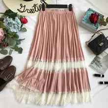 Весна лето женская контрастная цветная Женская плиссированная юбка летняя Эластичная Высокая талия Повседневная кружевная Лоскутная юбка TB1326