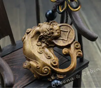 

Wood Carving Chinese Pixiu Pi Yao Coin Foo Dog Statue Car Pendant Wooden Craft