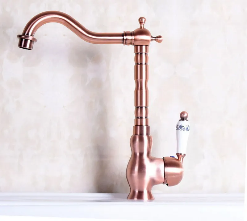 Antique Red Copper Brass Single Ceramic Handle Bathroom Kitchen Basin Sink Faucet Mixer Tap Swivel Spout Deck Mounted mnf136
