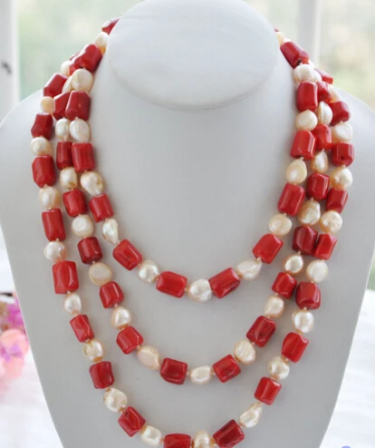 

FREE SHIPPING 65" 17mm red cylinder coral pink baroque pearl necklace