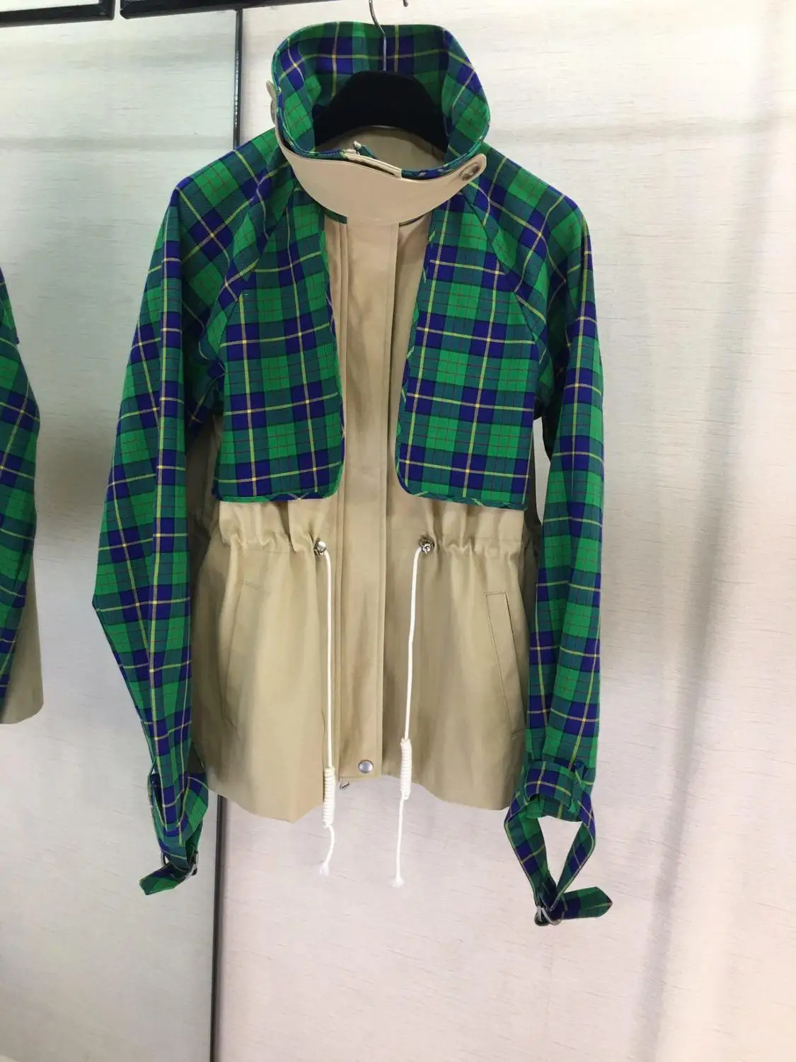 

2019 autumn female new green plaid stitching casual waist design coat 0718