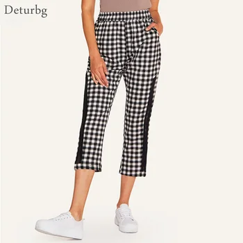 

Deturbg women's fashion plaid pants female casual elastic high waist mesh patchwork slim calf-length pants trousers 2018 pa42