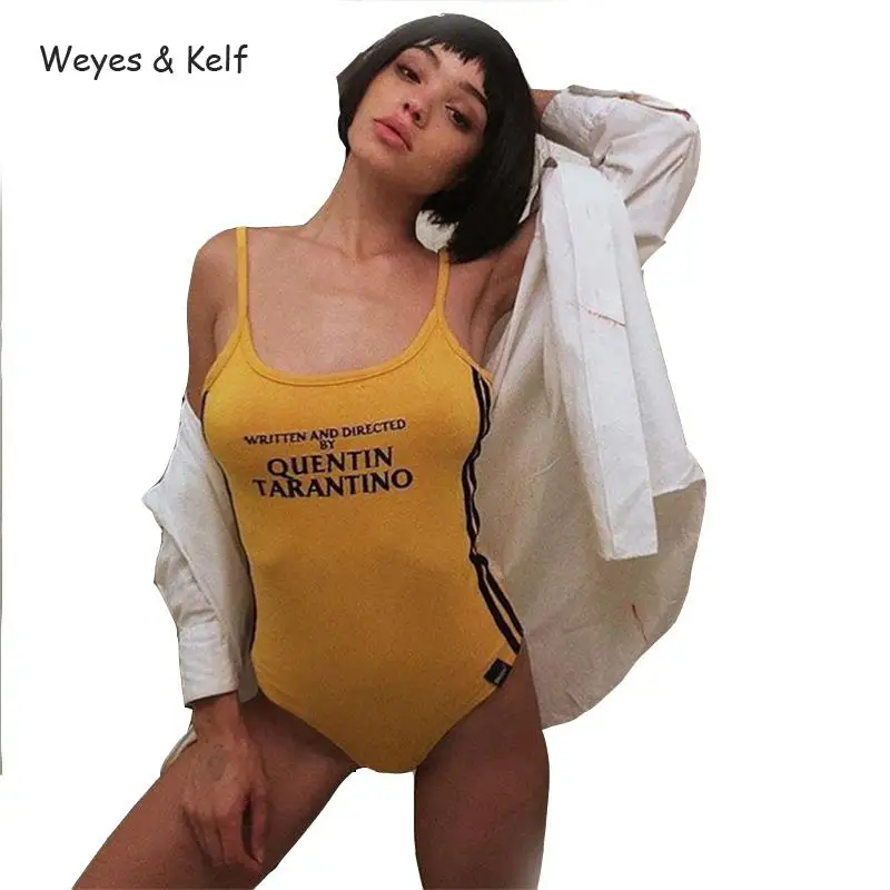 Weyes &amp Kelf Hot Summer Printed Letter Women Sexy Bodysuit 2018 Spring Sleeveless Jumpsuit Short Yellow Rompers | Женская одежда