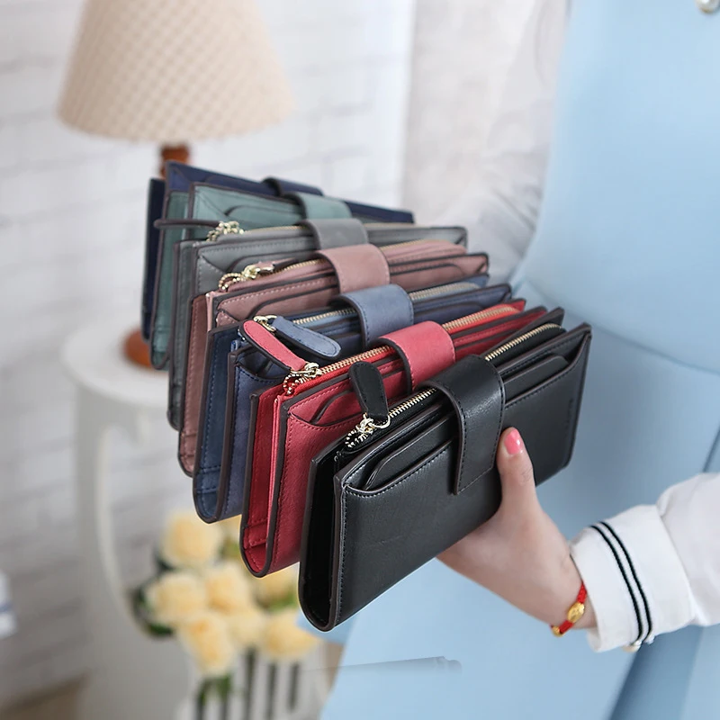 

Fashion Women Wallets Drawstring Nubuck PU Leather Zipper Credit Card Holders Ladies Long Design Purse Large Capacity Clutch