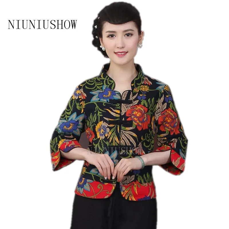 Black New Style Chinese Lady Jacket Chinese Tradition Women's Cotton Linen Three Quarter Jackets Coats L XL XXL 3XL