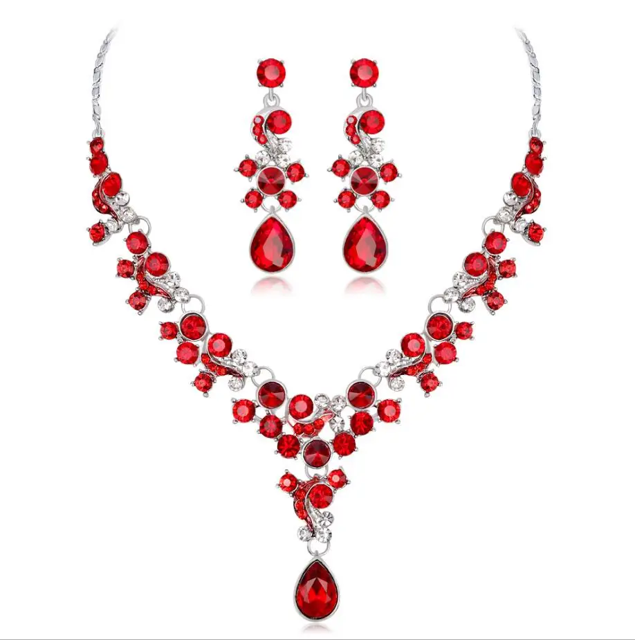 Свадебный ювелирный набор, Красный Кристалл, ожерелье, серьги, подарок для гламура, Женские аксессуары, Прямая поставка, серебряный цвет, для свиданий - Окраска металла: red