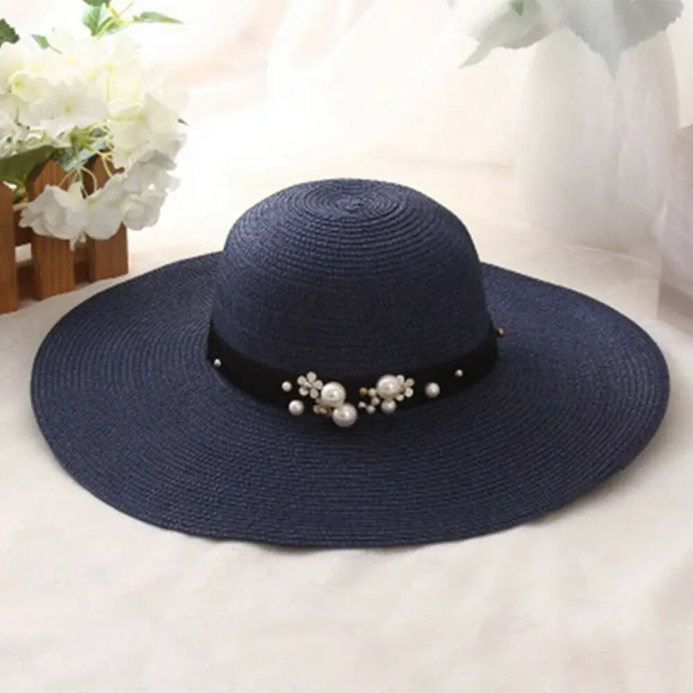Соломенная шляпа с широкими большими полями, летняя пляжная женская шляпа для путешествий, складная шляпа от солнца - Цвет: Синий
