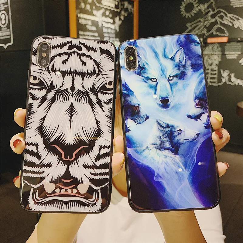 Чехол из закаленного стекла для телефона с изображением тигра волка iPhone X XS MAX XR