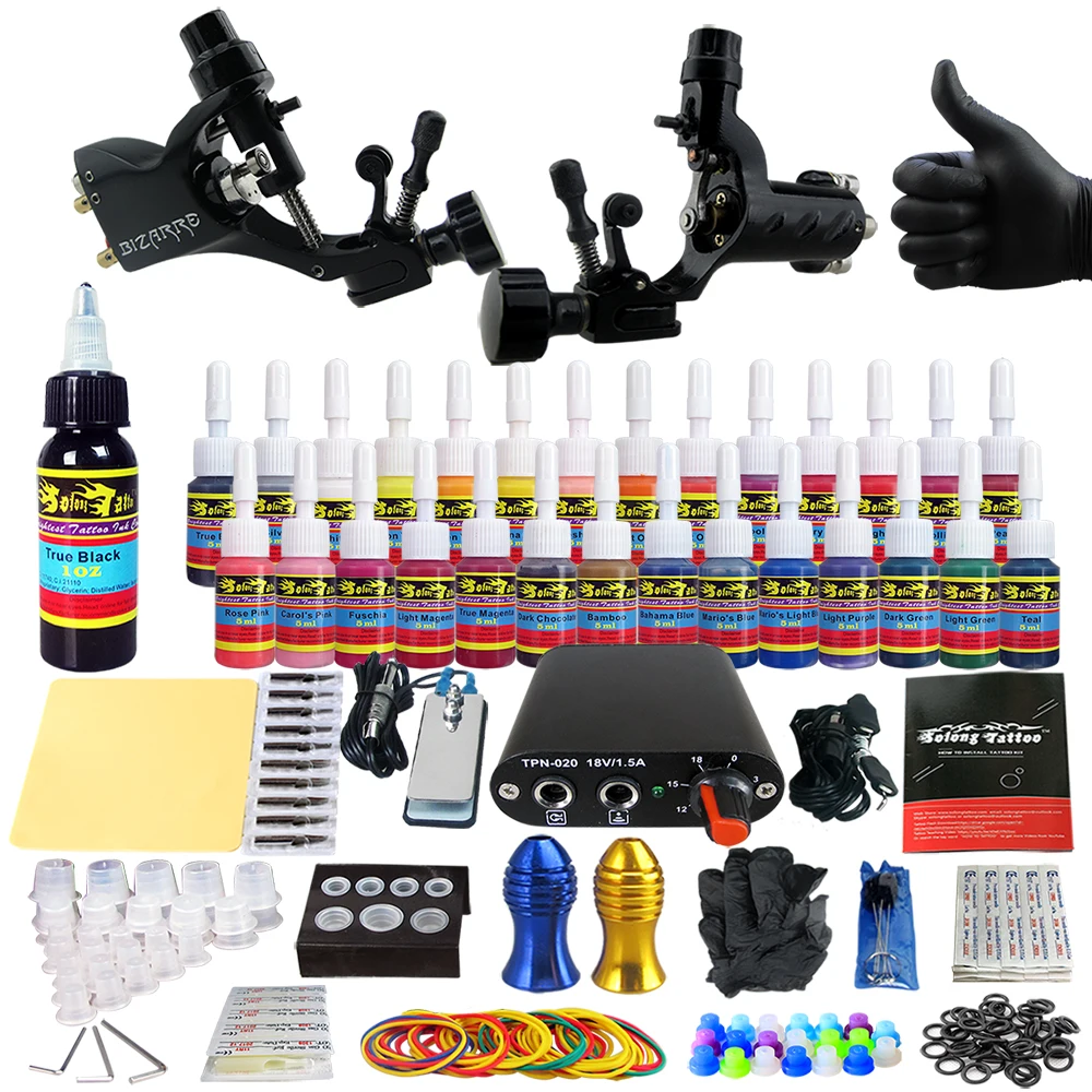 

Solong Tattoo Beginner Complete Tattoo Kit 2 Rotary Machines Guns 28 Immortal Inks Set Power Supply Needles Tips Tubes TK204-19
