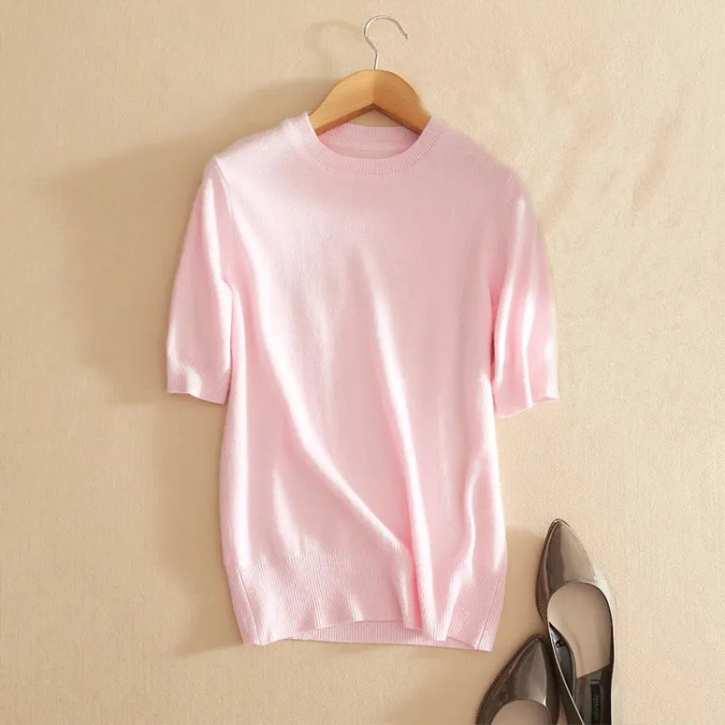 HZYRMY Spring Summer New Women's Wool knit half-sleeve bottoming shirt O-collar Solid color Loose Fashion soft Cashmere pullover