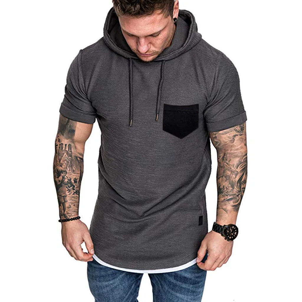 

feitong Men's Hooded Shirt camisetas Summer Casual Cotton Pocket Sporty Short Sleeve Hoodie Top mens t shirts fashion 2019 ropa