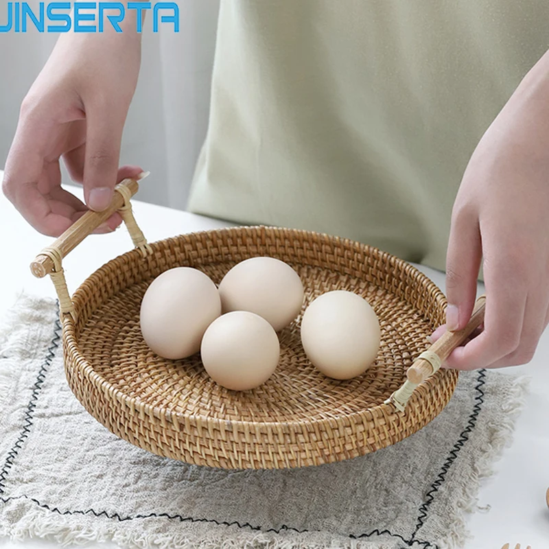 

JINSERTA Manual Rattan Tray Round Bread Fruit Snack Teacup Storage Plate Handmade Basket Japanese-style Decorative Tea Tray