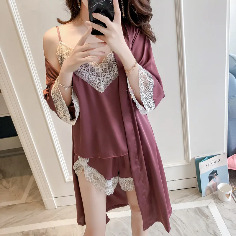 

autumn three-piece robe gown home suit silk satin lace sexy strap shorts robe home service sleepwear clothing home suit