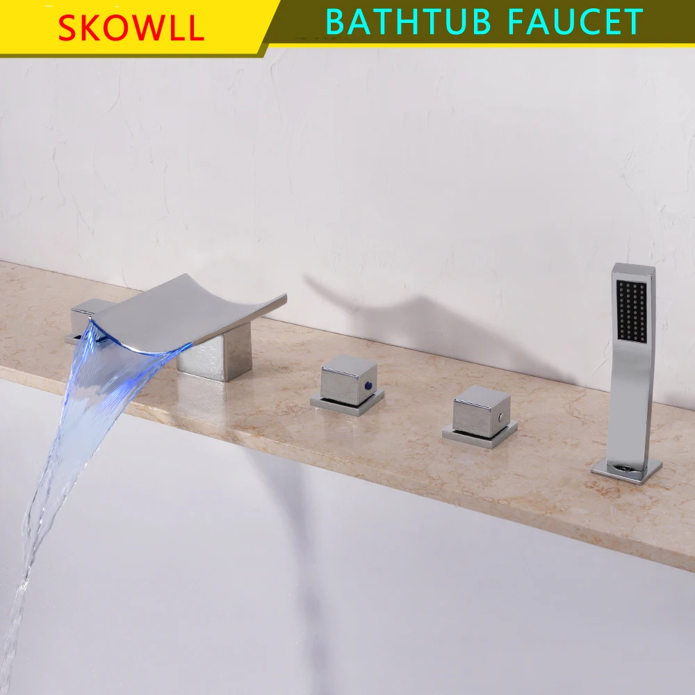 

SKOWLL Bathroom Bathtub Faucet LED Widespread Waterfall Bathtub Shower Set with Shower Head Deck Mounted Mixer Tub Taps HG-9119