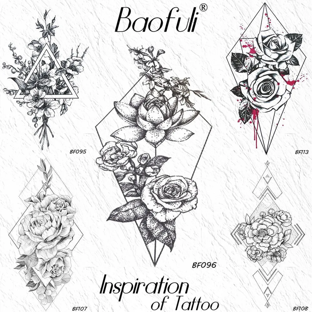 Временная Геометрическая Татуировка ромбовидный цветок лотоса листья розы