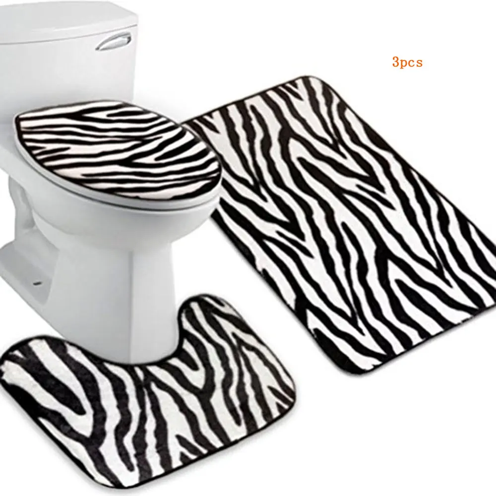OUNONA 3pcs Zebra Flannel Lid Toilet Seat Cover & Pedestal Rug