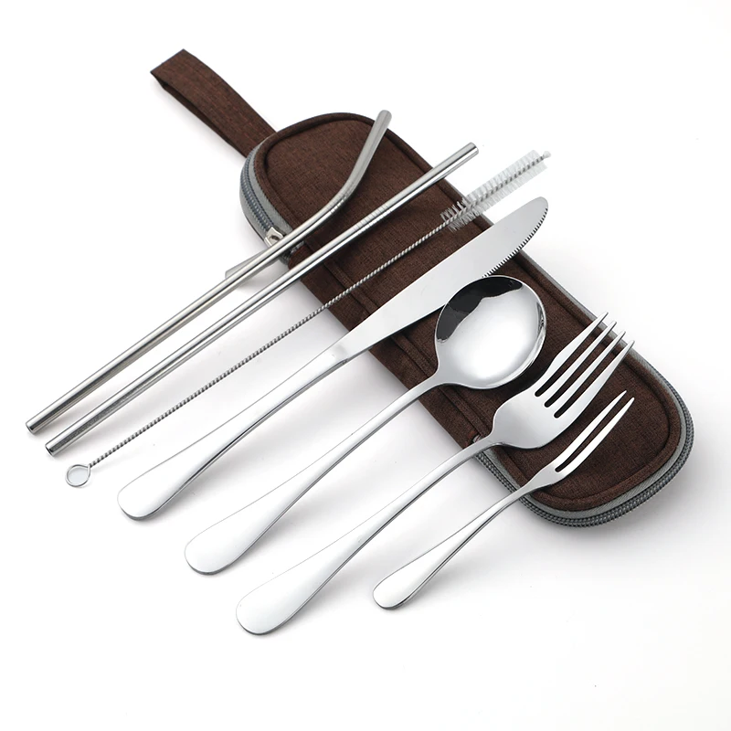 Portable Reusable Travel Tableware Flatware Spoon Chopsticks Metal Straw Set