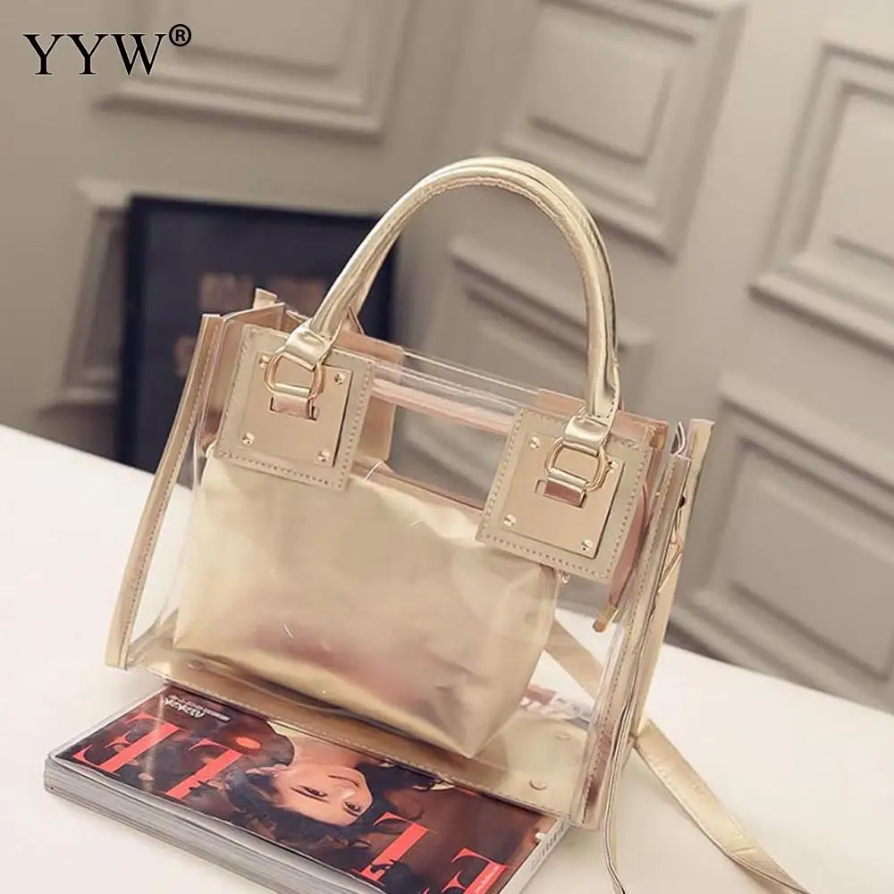 2 قطعة/المجموعة شفافة حمل حقيبة السيدات حقيبة صغيرة النساء الفاخرة الذهب حقائب PVC أكياس كروسبودي المرأة الأعلى مقبض حقيبة كيس الماي 2 قطعة/المجموعة شفافة حمل حقيبة السيدات حقيبة صغيرة النساء الفاخرة الذهب حقائب PVC أكياس كروسبودي المرأة الأعلى مقبض حقيبة كيس الماي