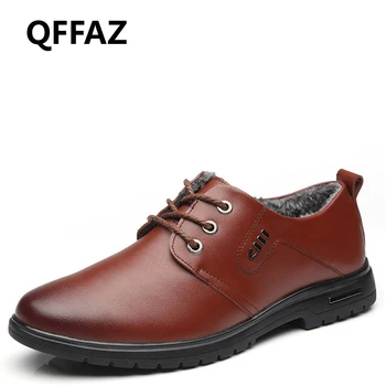 

QFFAZ snow winter plush leather mens shoes casual men business dress shoes Classic oxfords for male Wedding Shoes