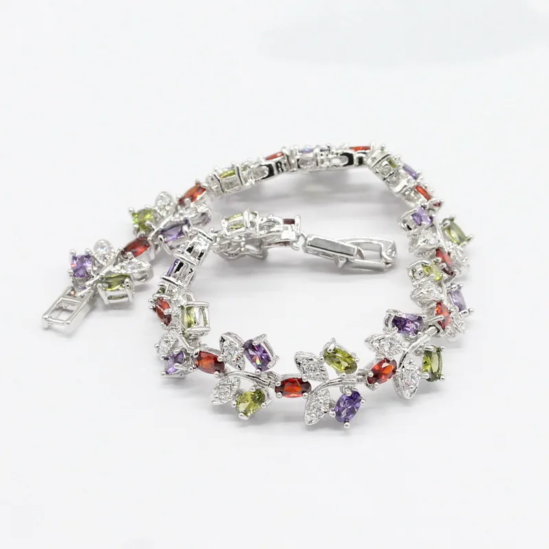 Многоцветные фианиты 925 серебряные Свадебные Ювелирные наборы для женщин браслет серьги ожерелье кулон кольца Новинка