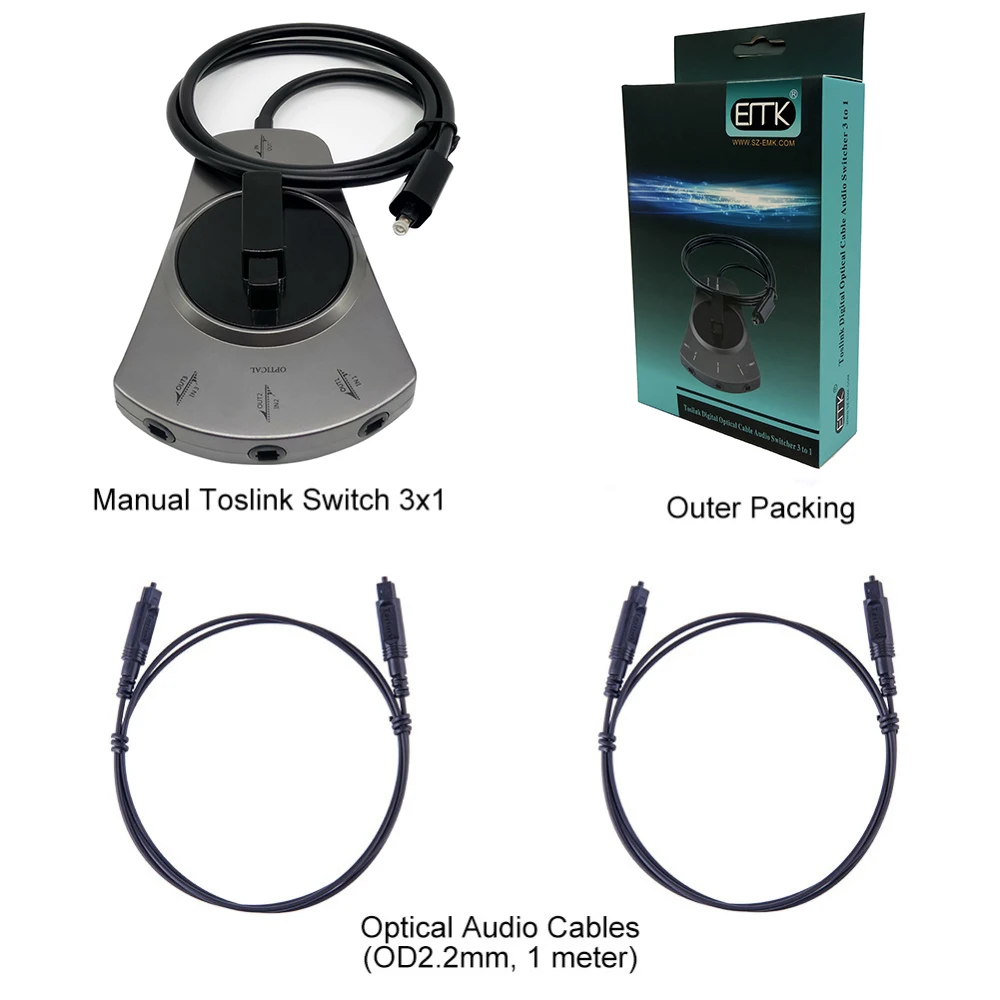 EMK Digital Optical Audio Switch 3-Way Optical Cable Selector SPDIF Toslink Cable Hub for CD player