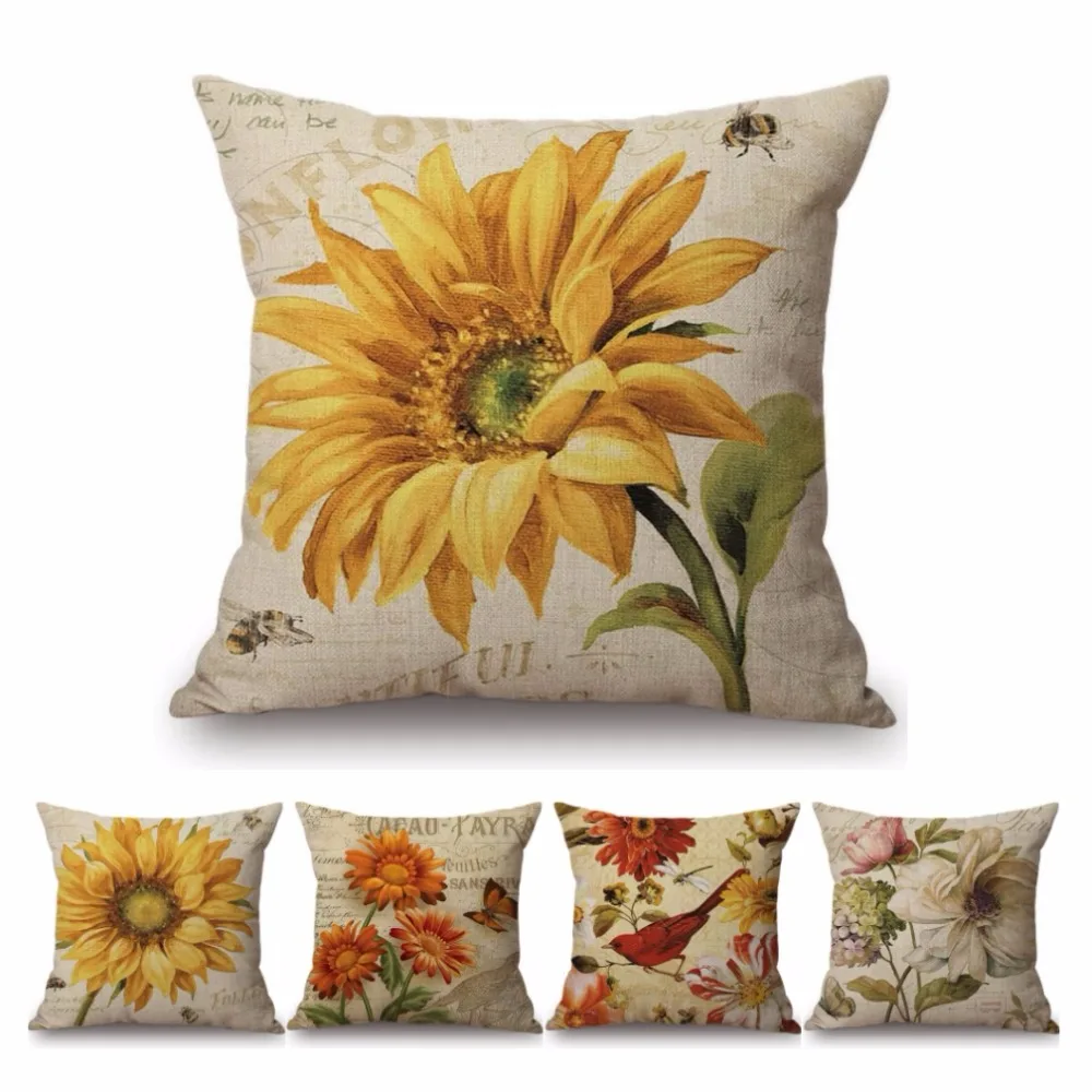 

18" Retro Sunflower Tulip Flower Home Decorative Pillow Case For Sofa Vintage Rose Floral Butterfly Office Chair Cushion Cover