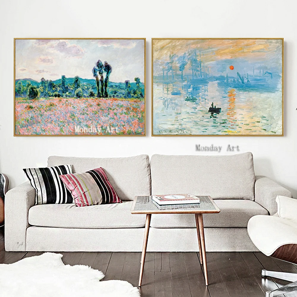 a Modern Impressionism Monet Wild Poppy Field Sunrise Landscape Canvas Painting Art Print Poster Picture Painting Wall Decor