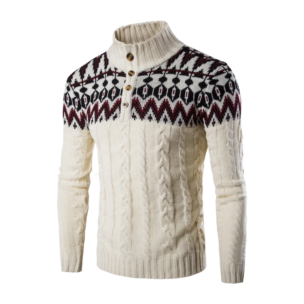 

2018 New Fashion Brand Casual Long Sleeved Sweater Stand Collar Pullovers Slim Men 'S Ethnic Style Pattern Sweaters