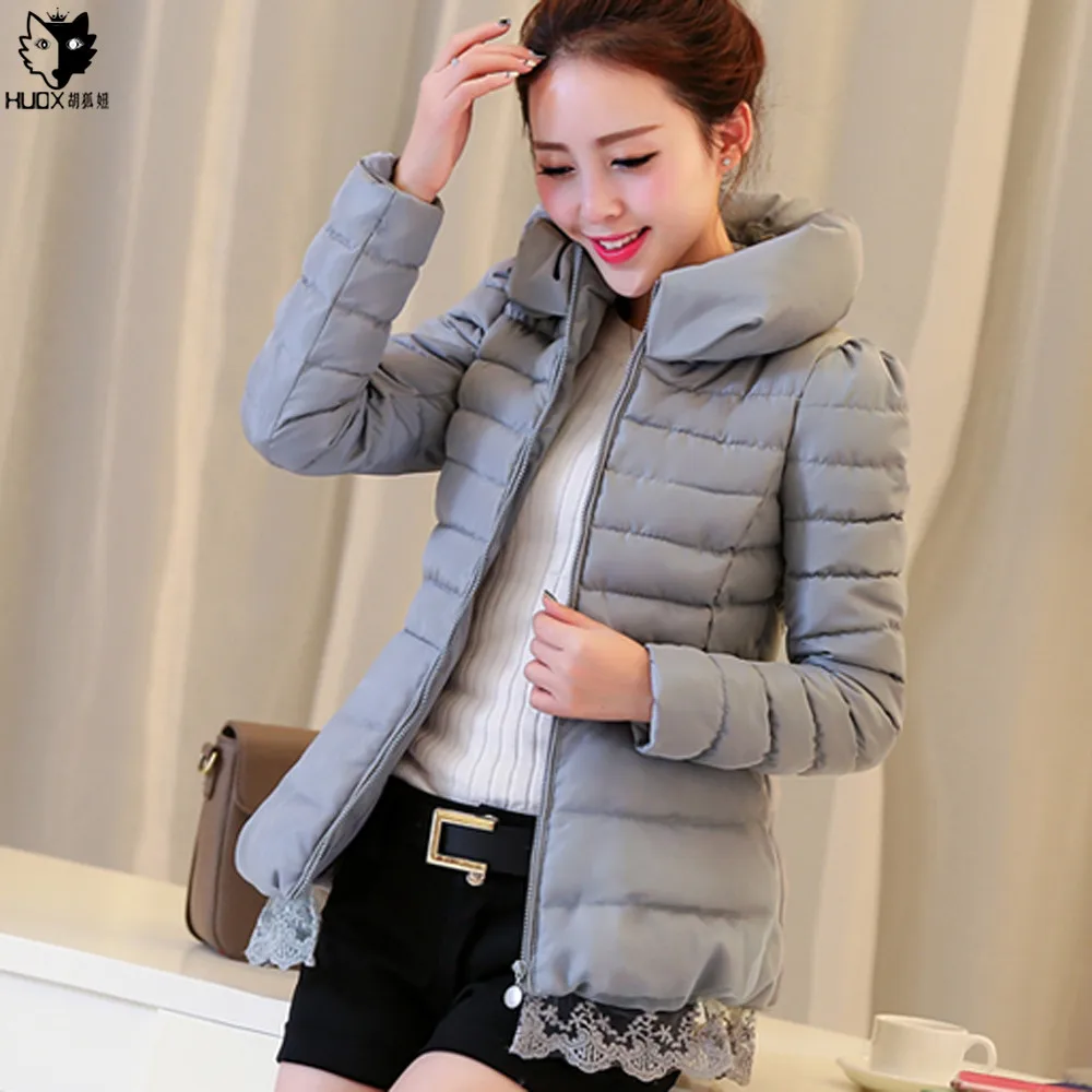 HUOX Lace Patchwork Stand Collar Women Overcoat 2016 Autumn Winter Warm Cotton Padded Jacket Female Lovely Slim Parkas