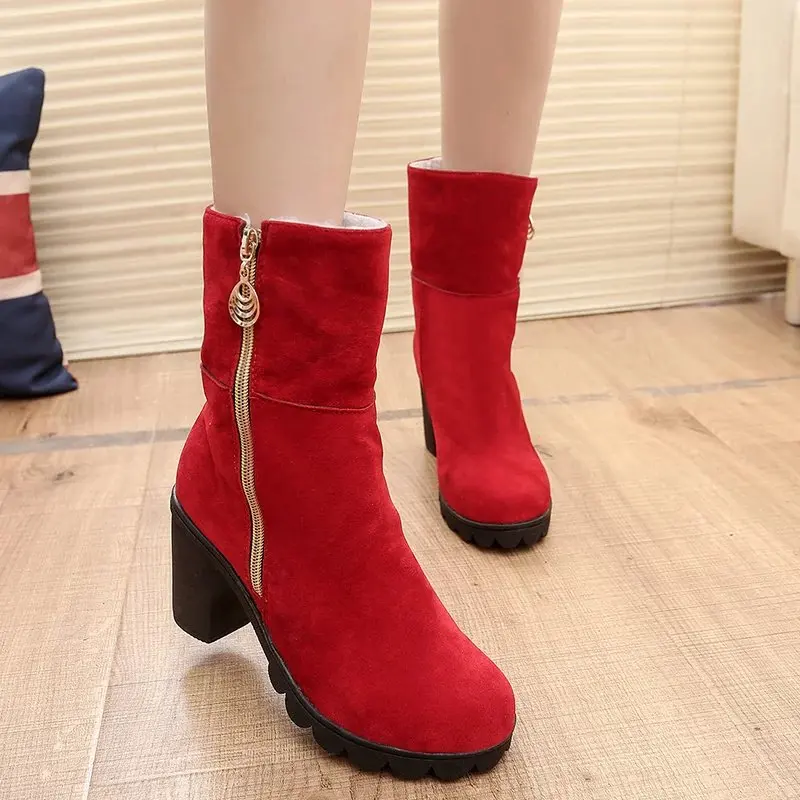

2018 New Arrival Women Boots Female Peluche Winter Shoes Woman Plush Fur Warm Snow Boots Chunky Heels Red Black Botas Mujer