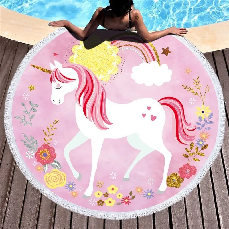 Мультяшный Единорог ресниц 150 см большой круглый пляжный банный полотенце для пикника одеяло портативный для улицы спортивный мешок для хранения комплект Подарочный мешок - Цвет: Beach towel 6