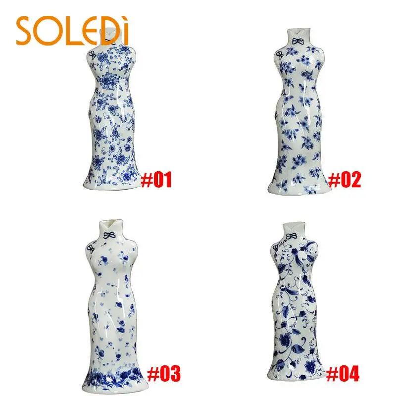 Cheongsam Ручная роспись ВАЗА голубой и белый фарфор подарок для цветы украшение