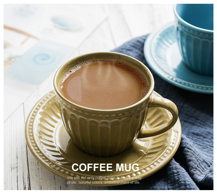Европейский стиль, керамическая окрашенная кофейная чашка с тарелкой, керамическая кружка, кухонные принадлежности, рельефная индивидуальная чашка для завтрака, молока